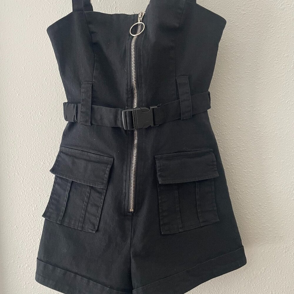 Beginning Boutique Black Utility Cargo Romper - Picture 2 of 12